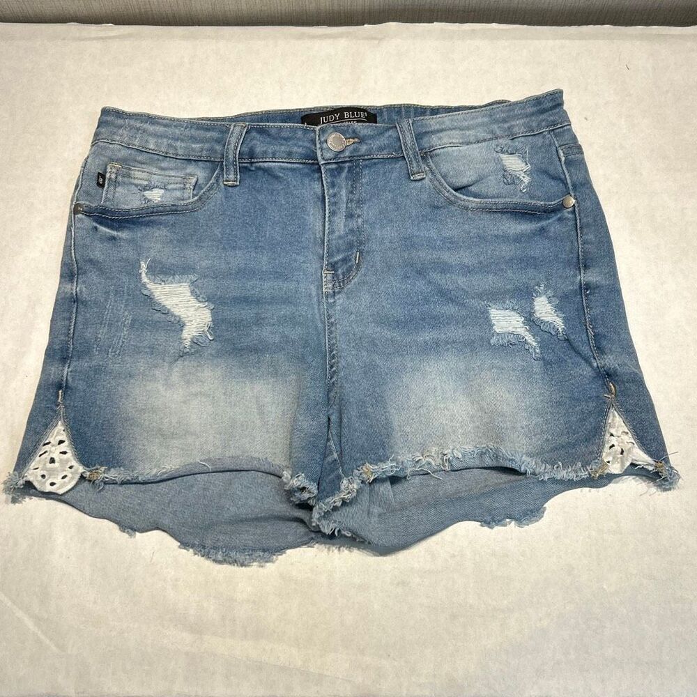 JUDY BLUE Denim Cutoff Shorts Sz 29 Eyelet Inset High Waist Distress Blue JB1553